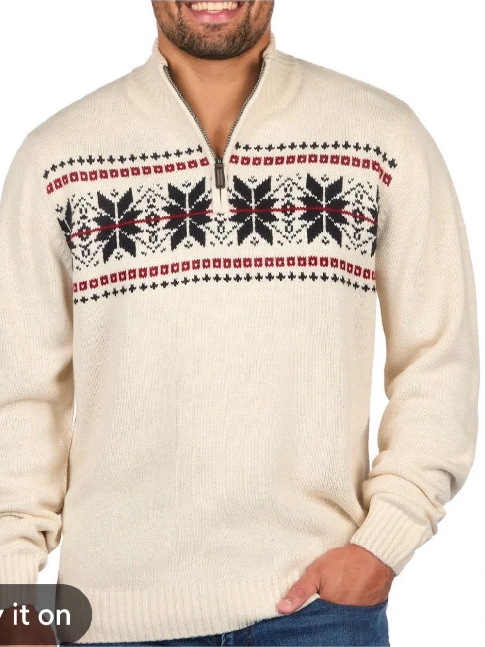 Haggar Men's Tan Snowflake Fair Isle Quarter-Zip Pullover Sweater Size XL